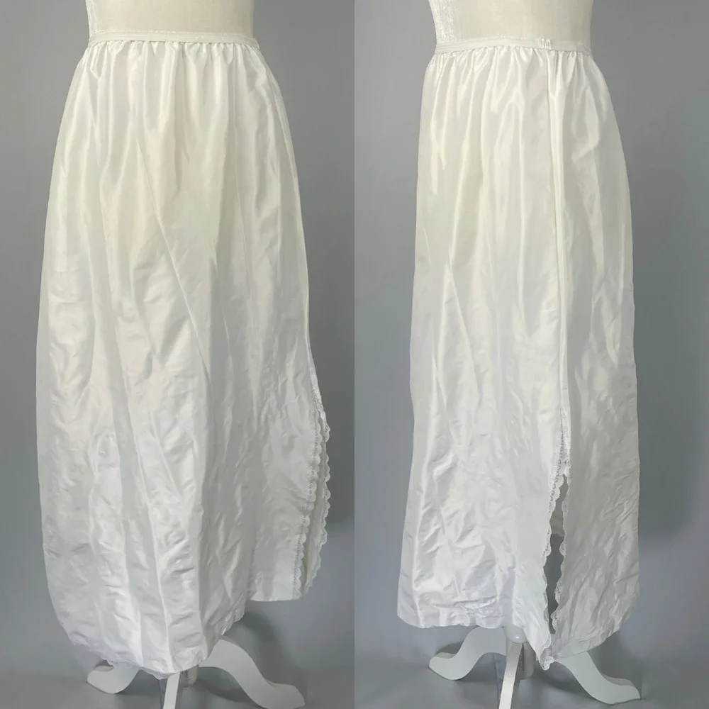 Vintage Lorraine Half Slip Size Small White Silky Shiny Long Maxi Side Slit 70s